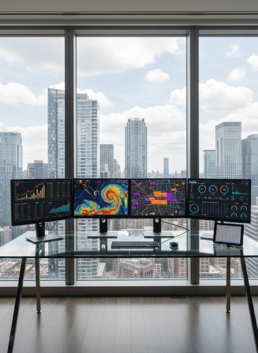 A sleek, minimalist glass desk in a high-rise office, covered with organized digital devices displaying different types of information dashboards: one screen shows clean financial charts, another a color-coded weather radar map, another real estate maps with highlighted districts, and another health and wellness metrics in cool blues and greens. Outside the floor-to-ceiling windows, a modern city skyline sits under a crisp, partly cloudy sky. Bright, diffused daytime light floods the space, creating sharp reflections on the desk’s surface and a bold, dynamic atmosphere. Photographic realism, shot from a slightly elevated, wide-angle perspective with strong clarity throughout, emphasizing control, insight, and a polished information hub aesthetic.